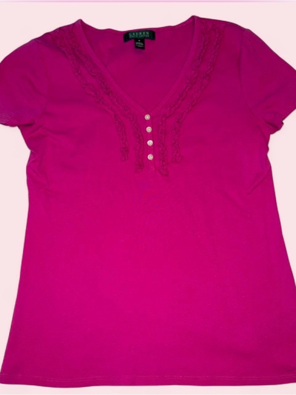 Lauren Ralph Lauren Bright Fuchsia V-Neck Lace Trim Short Sleeve Tee